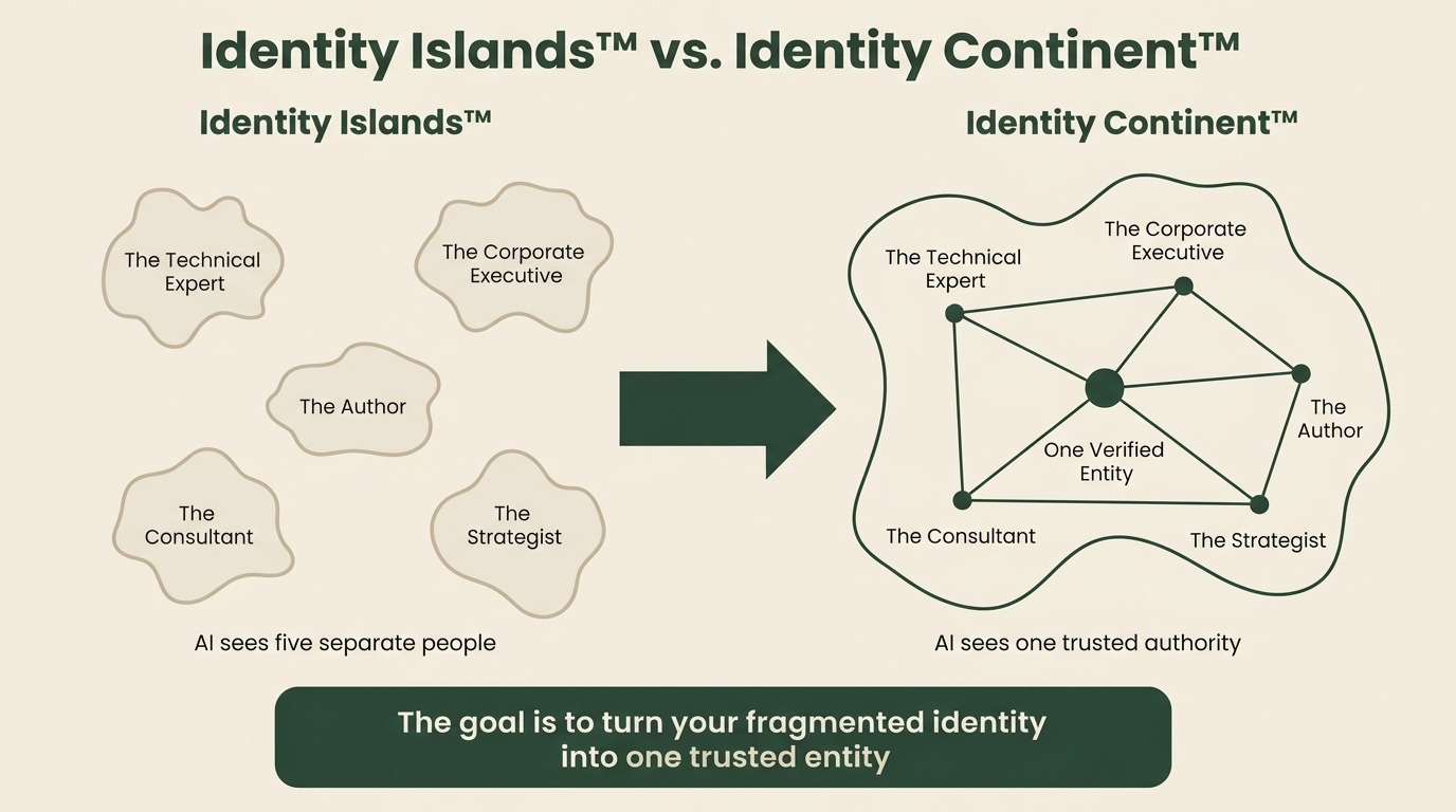 Identity Islands versus Identity Continent: five separate islands labelled The Technical Expert, The Corporate Executive, The Author, The Consultant and The Strategist, versus one green continent where all five connect to one verified entity